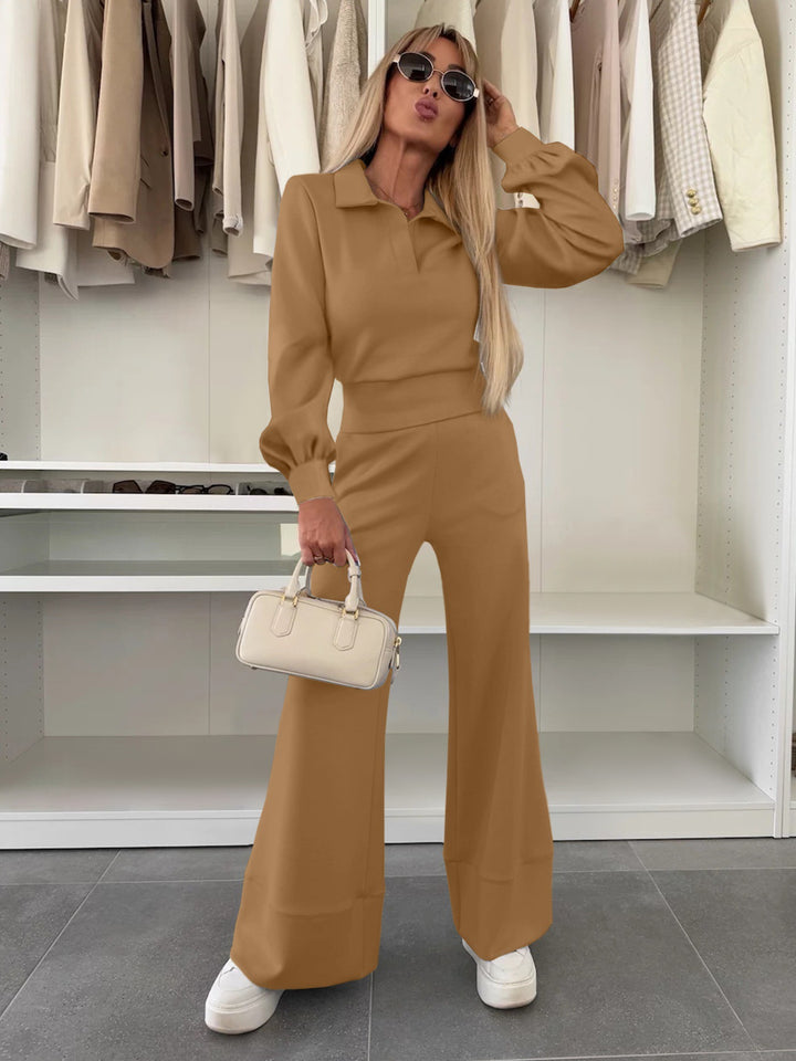 Damen Zweiteiliges Lounge-Set mit Polokragen und taillenhoher Palazzohose Drune