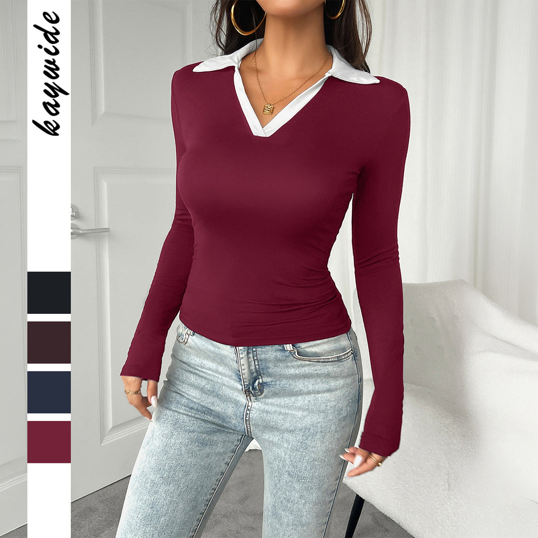 Damen nan tailliertes Longsleeve mit kontrastpolokragen und tiefem V-Ausschnitt Drune