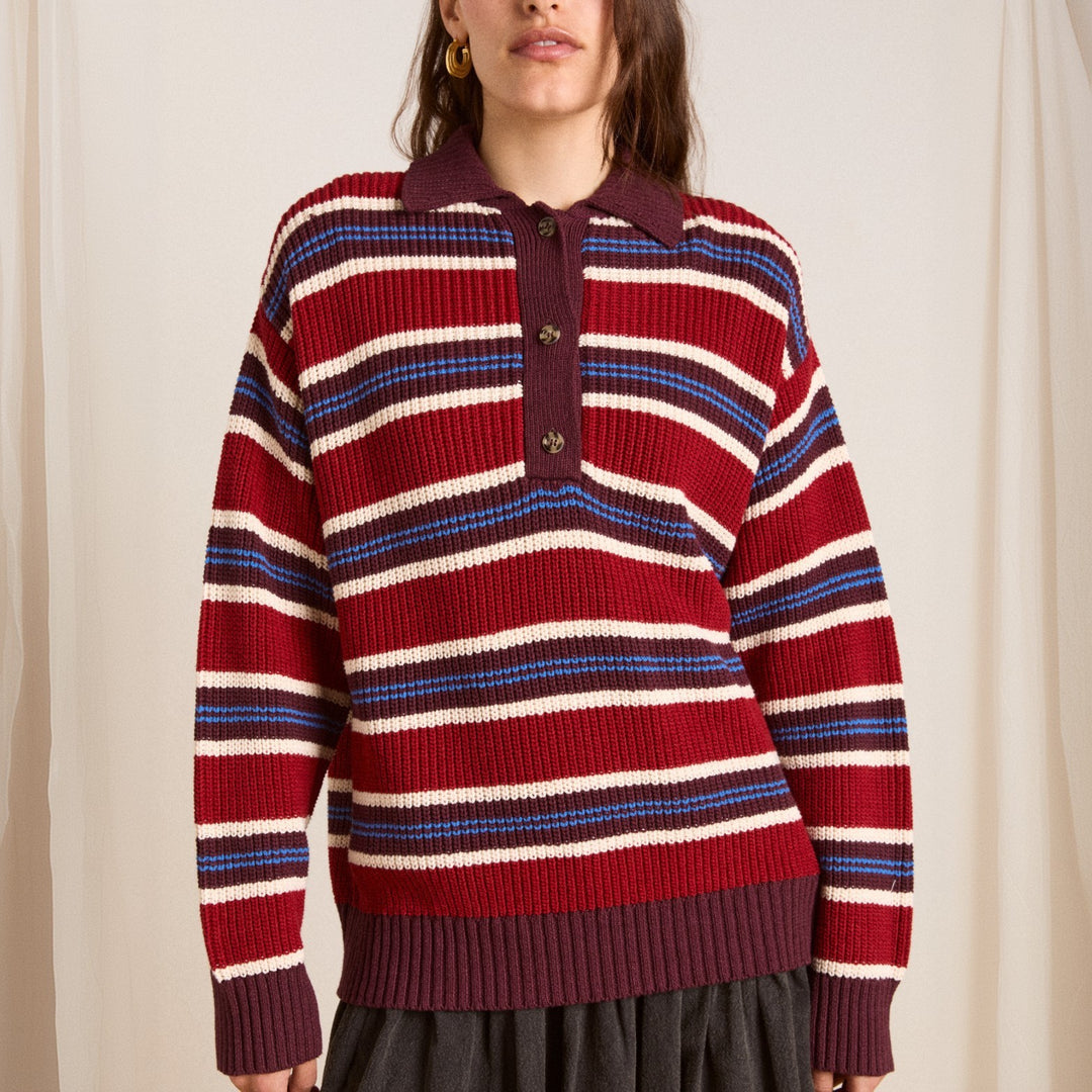 Damen Oversize Strickpullover mit Polokragen & mehrlagigem Streifenrelief Drune