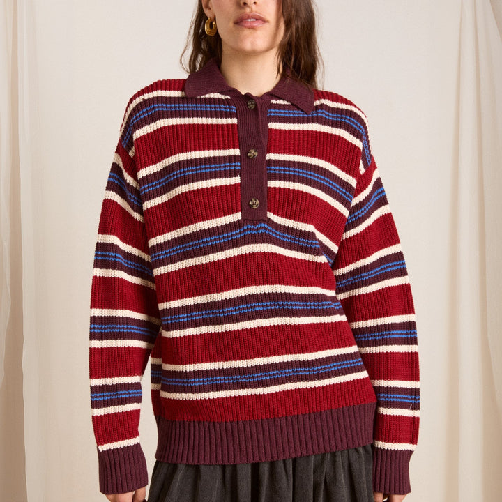 Damen Oversize Strickpullover mit Polokragen & mehrlagigem Streifenrelief Drune