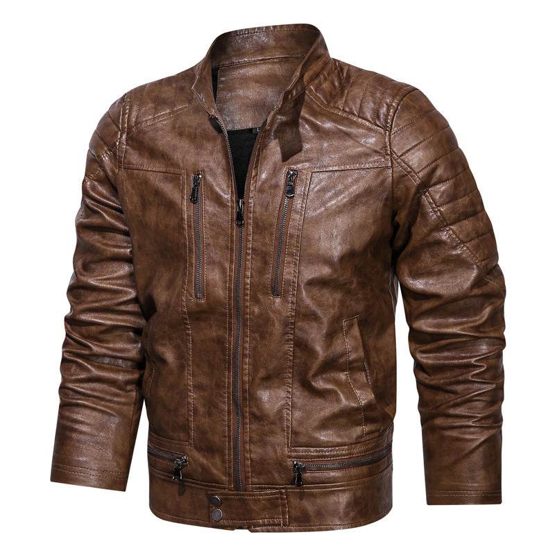 Herren Motorrad-inspirierte Lederoptikjacke mit Stehkragen und Ziernähten Drune