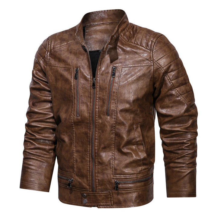 Herren Motorrad-inspirierte Lederoptikjacke mit Stehkragen und Ziernähten Drune