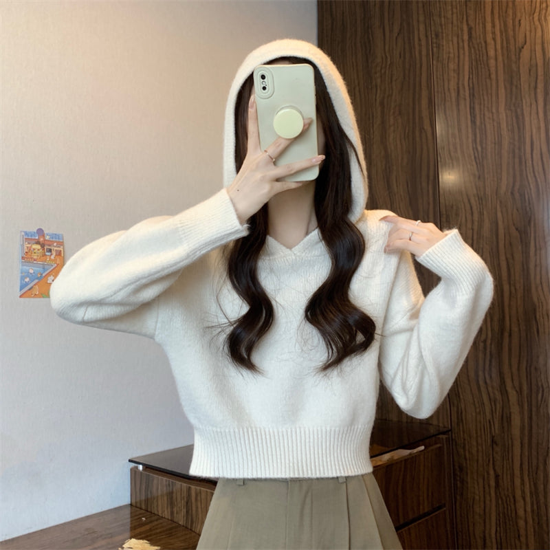 Damen lässiger Strickpullover mit Kapuze und lockeren Ärmeln Drune
