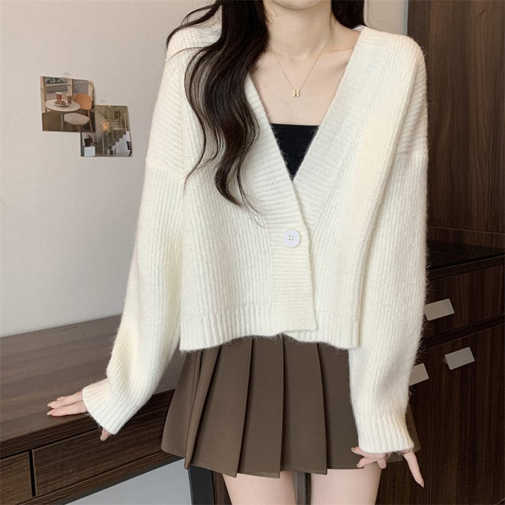 Damen trendige Strickjacke mit tiefem V-Ausschnitt und Knopfverschluss Drune