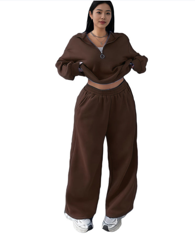 Damen Cropped Oversize-Sweatshirt mit halbem Reißverschluss und weite High-Waist Jogginghose Set Drune