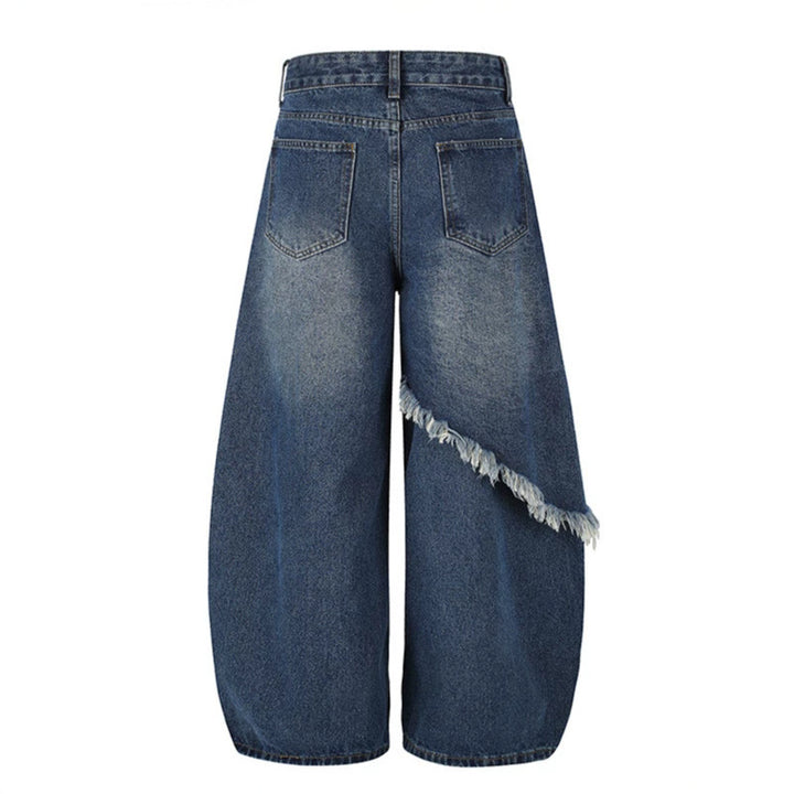 Damen High‑Waist weite Palazzo-Jeans mit asymmetrischem Fransen-Detail und Strassapplikation Drune