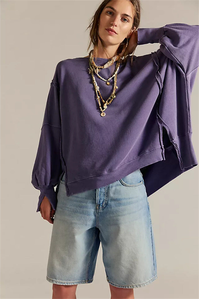 Damen oversized Sweatshirt mit Ballonärmeln, offenen Saumnähten und seitlichen Schlitzen Drune