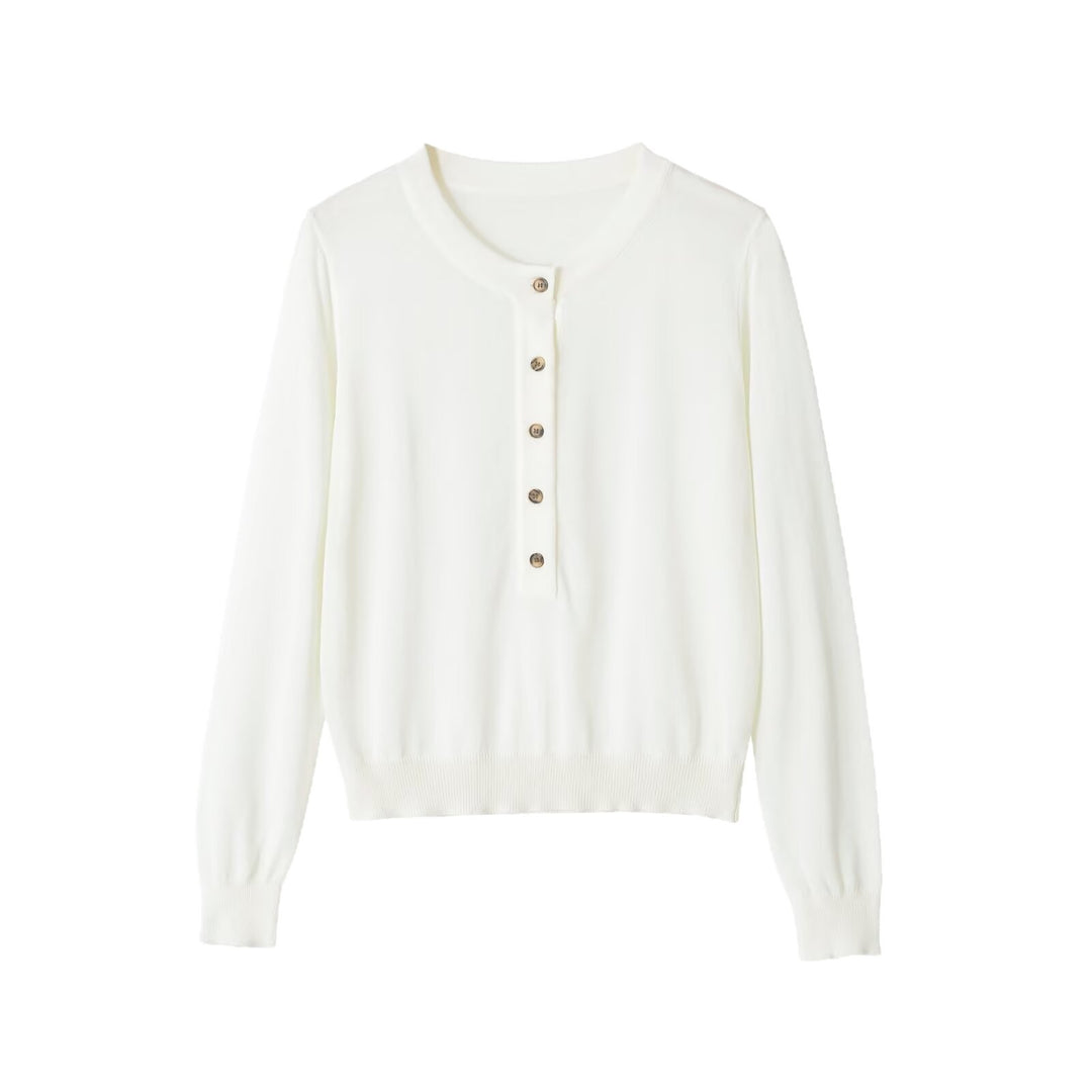 Damen Feinstrick-Henleypullover mit Knopfleiste und geripptem Saum Drune