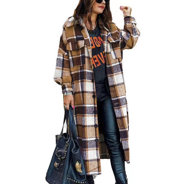 Damen Langarm-Wolljacke mit Karomuster und praktischen Taschen Drune