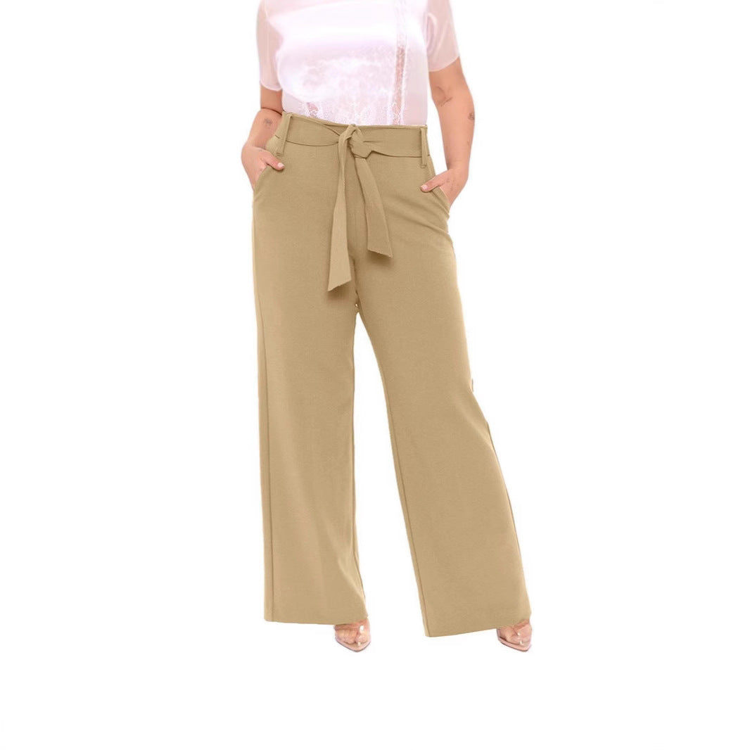 Damen elegante weit geschnittene Hose mit Bindegürtel und praktischen Taschen Drune