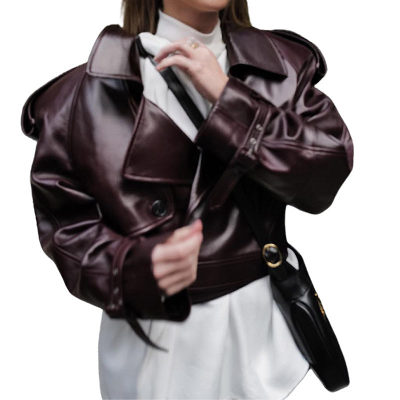 Damen Trendige Kunstlederjacke mit breiten Schultern und klassischem Kragen Drune