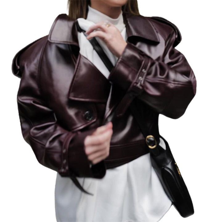 Damen Trendige Kunstlederjacke mit breiten Schultern und klassischem Kragen Drune