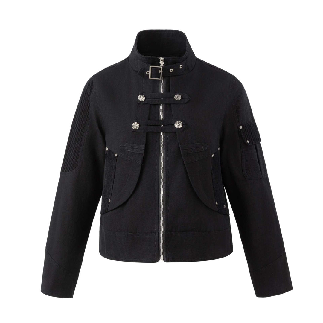 Herren Military-inspirierte Kurzjacke mit Stehkragen, Schnallenriemen und dekorativen Pattentaschen Drune