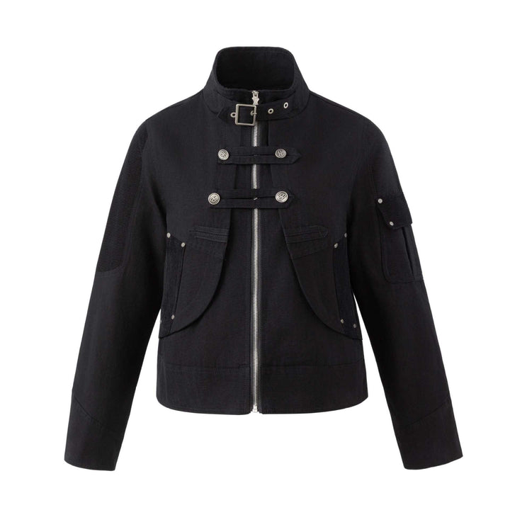 Herren Military-inspirierte Kurzjacke mit Stehkragen, Schnallenriemen und dekorativen Pattentaschen Drune