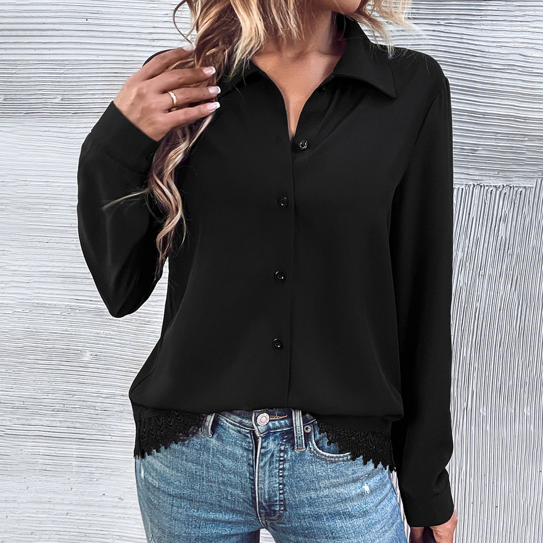 Damen elegante Bluse mit Spitze und Knopfleiste Drune