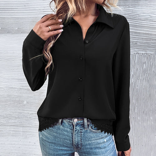 Damen elegante Bluse mit Spitze und Knopfleiste Drune