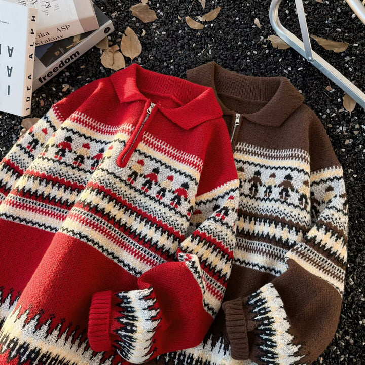Damen Jacquard-Halbzip-Pullover mit Polokragen und Norweger‑Intarsie Drune