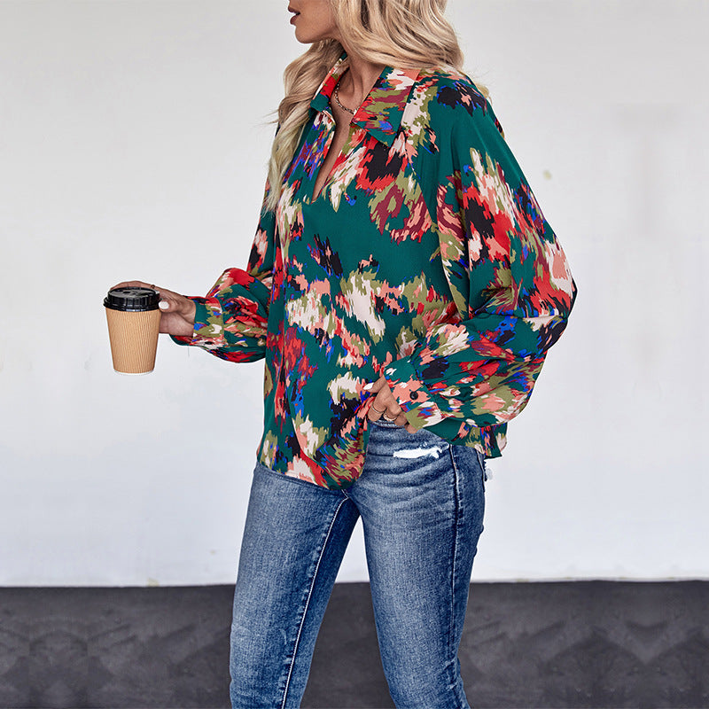 Damen Weites Blusenshirt mit Hemdkragen, abstraktem Print und Ballonärmeln Drune