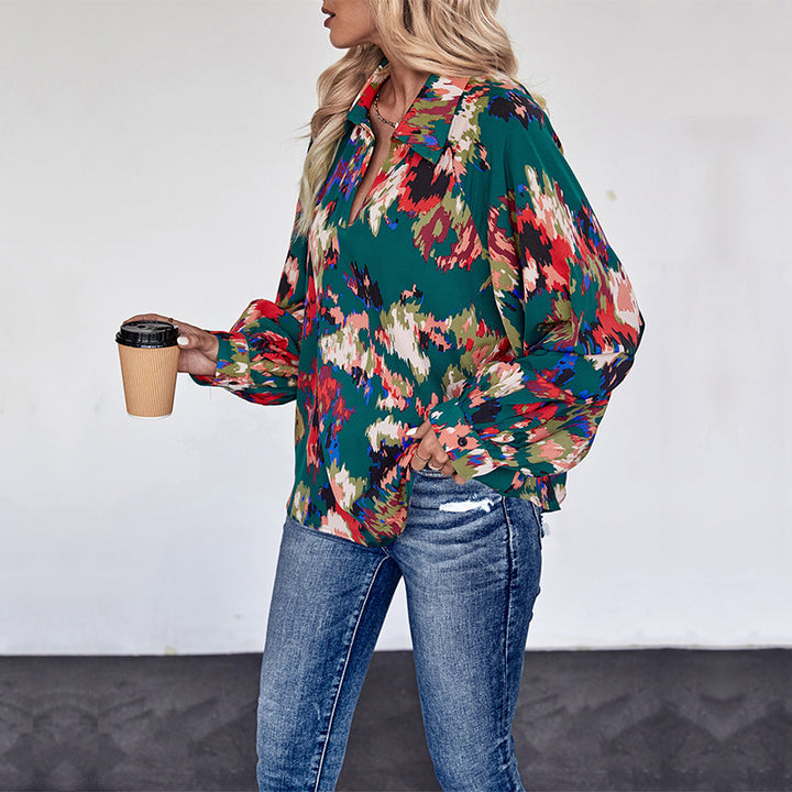 Damen Weites Blusenshirt mit Hemdkragen, abstraktem Print und Ballonärmeln Drune