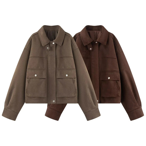 Damen nan boxy kurze Utility-Jacke mit großen Pattentaschen, Druckknopfleiste und überschnittener Schulter Drune