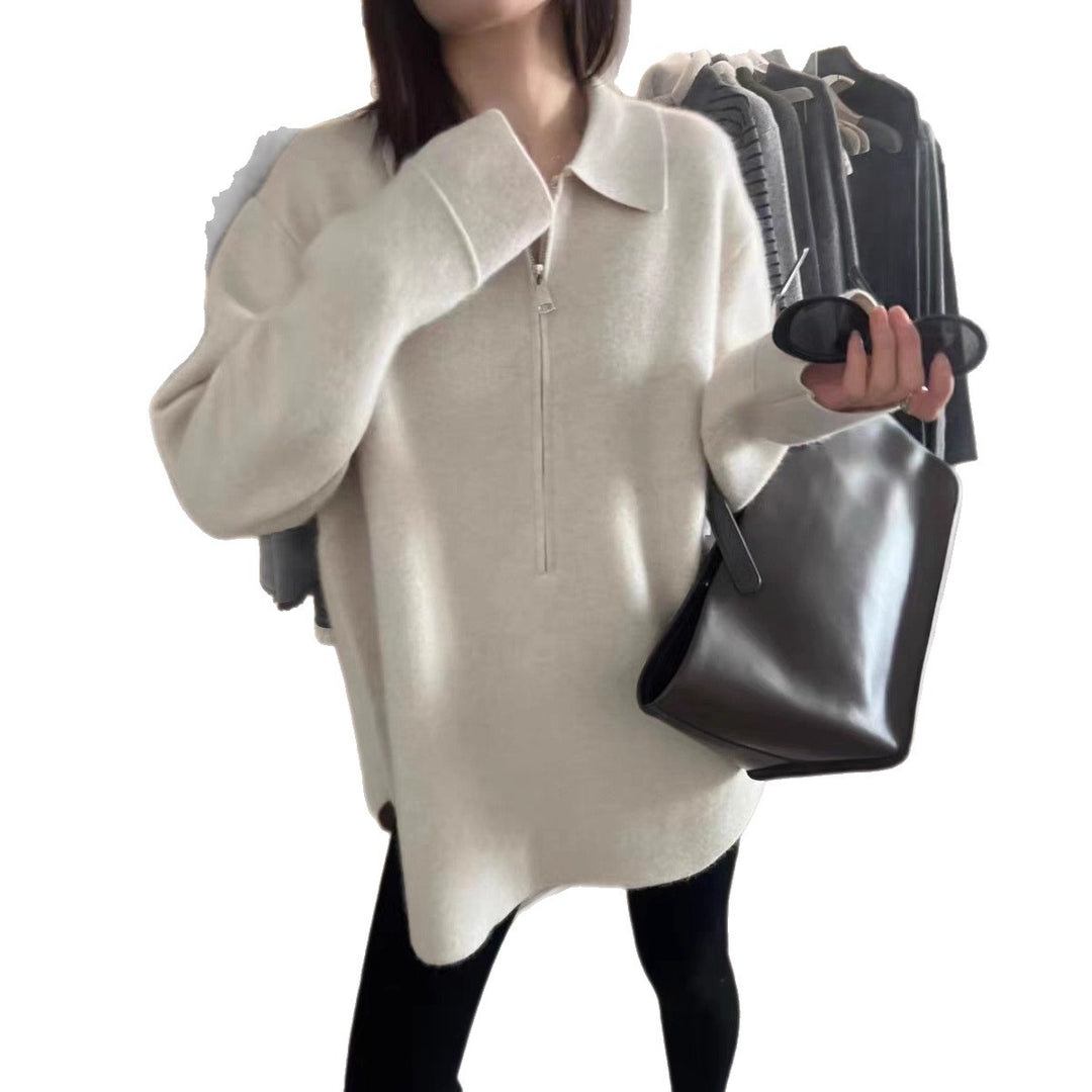 Damen Modischer Pullover mit Reißverschluss und Kragen Drune