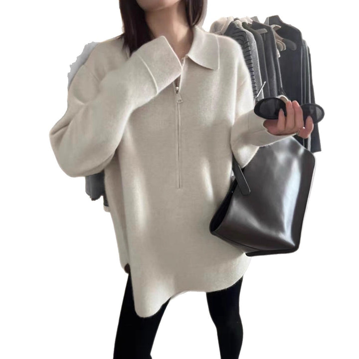 Damen Modischer Pullover mit Reißverschluss und Kragen Drune