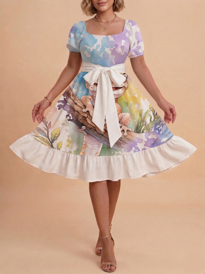 Damen Sommerliches Blumenkleid mit taillierbarem Gürtel und voluminösen Ärmeln Drune