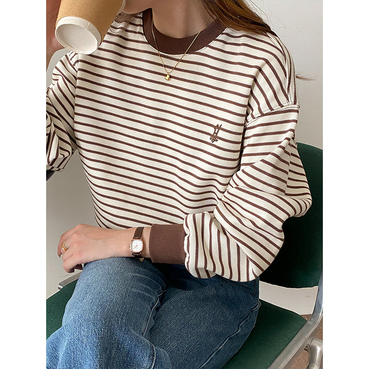 Damen lässiger Rundhals Sweatshirt mit Streifen Drune
