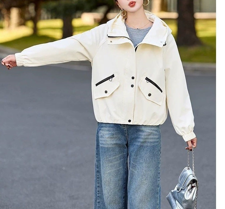 Damen modische Übergangsjacke mit verstellbarem Kapuzendesign und praktischen Taschen Drune