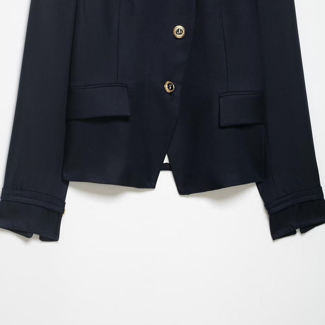 Damen Kastenloser Kurzblazer mit Stehkragen und goldenen Zierknöpfen Drune