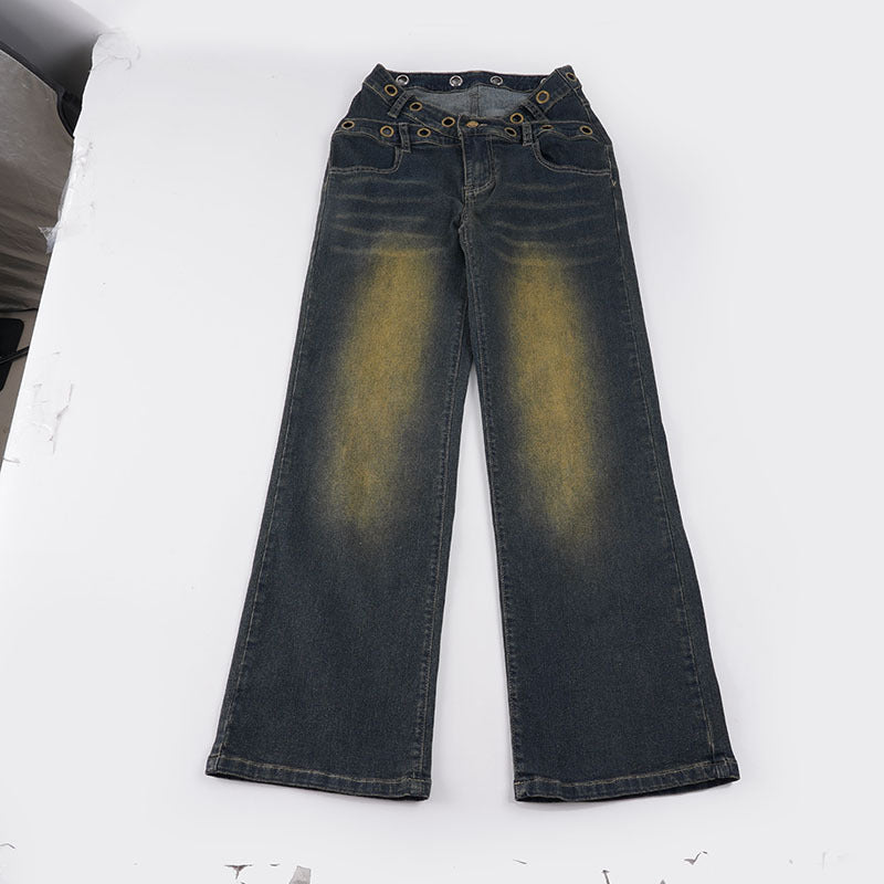 Damen High‑Waist Flared-Jeans mit doppeltem Nietenbund und Used-Effekt Drune