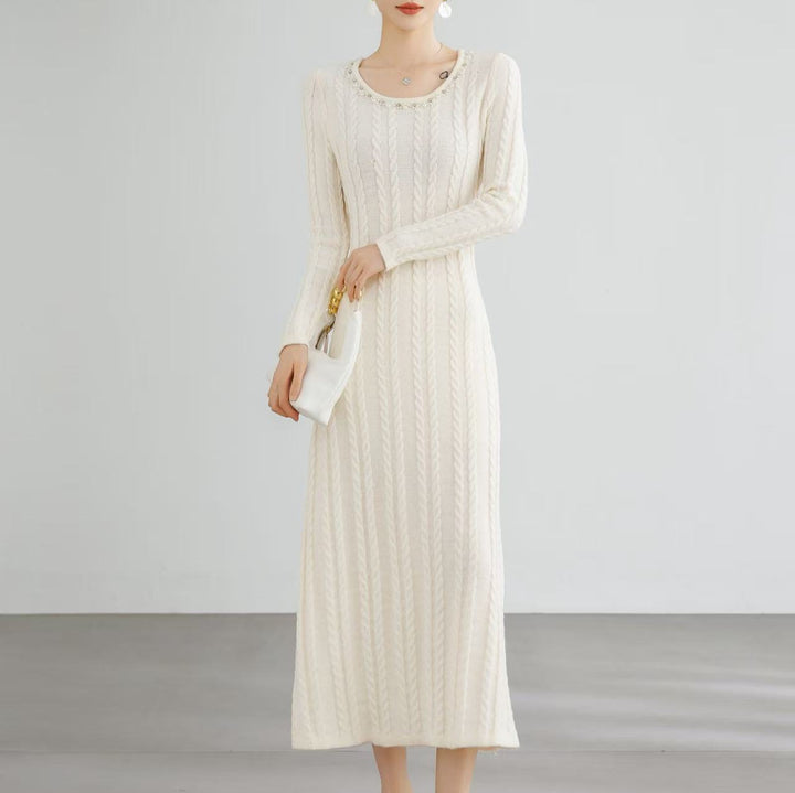 Damen Elegantes Strickkleid mit Zopfmuster und dekorativen Details Drune