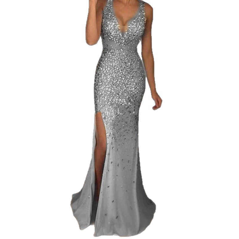 Damen Glitzerndes Abendkleid mit tiefem Schlitz und figurbetontem Schnitt Drune