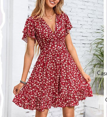 Damen V-Ausschnitt Kleid mit fließendem Rock und Rüschendetails Drune