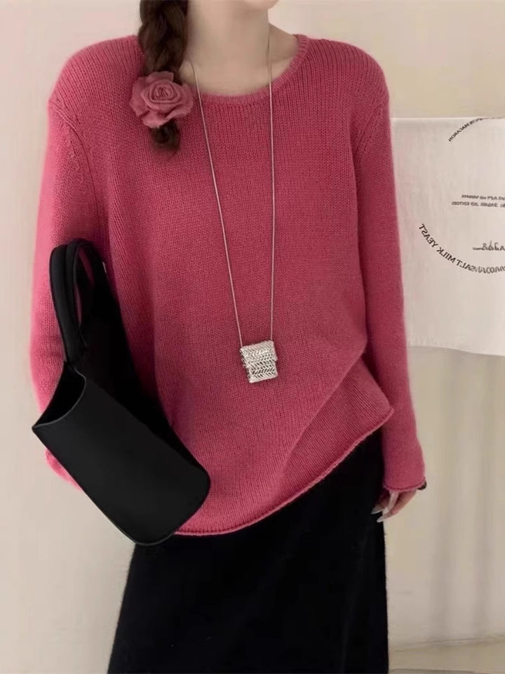 Damen Leichter Oversize-Feinstrickpullover mit Rundhals, dezentem Sheer-Effekt und gerundetem Saum Drune