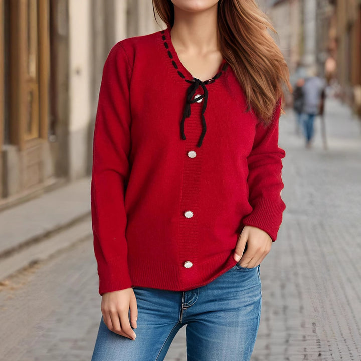 Damen Strickjacke mit dekorativen Knöpfen und Kordelzug Drune