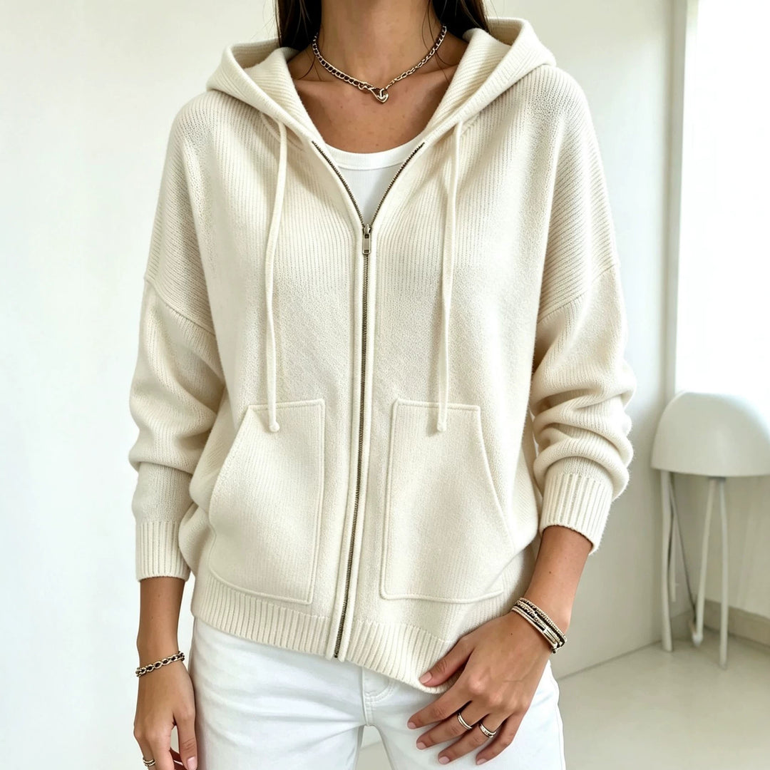 Damen Kapuzen-Wollmix Zip-Cardigan mit kastiger Passform und Kängurutaschen Drune