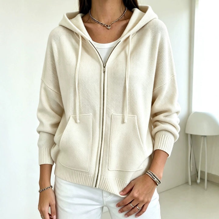 Damen Kapuzen-Wollmix Zip-Cardigan mit kastiger Passform und Kängurutaschen Drune