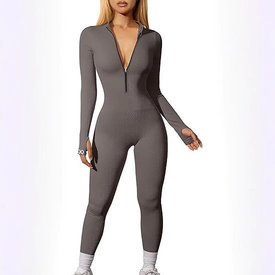 Damen nan figurbetonter Ripp-Jumpsuit mit hohem Halsausschnitt, langem Arm und sculptender Nahtführung Drune