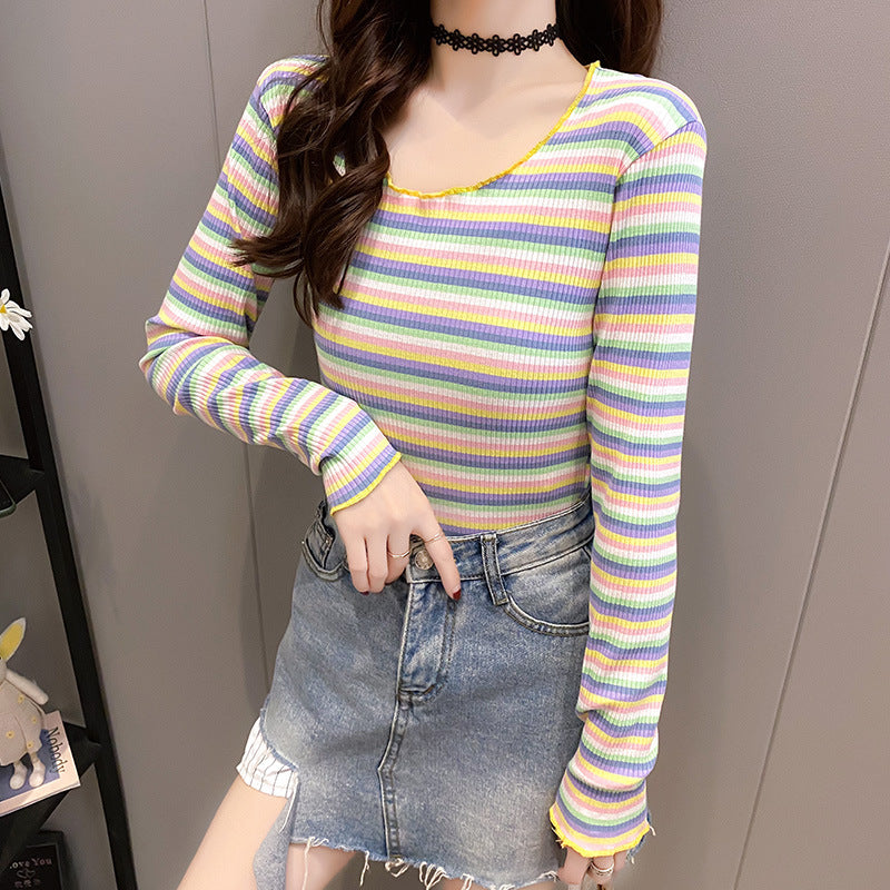 Damen trendiges Langarmshirt mit modischem Streifenmuster Drune