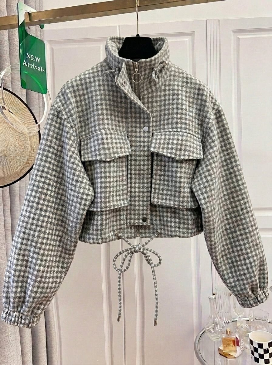 Damen Karo-Cropped-Jacke mit Stehkragen, Tunnelzug und elastischen Bündchen Drune