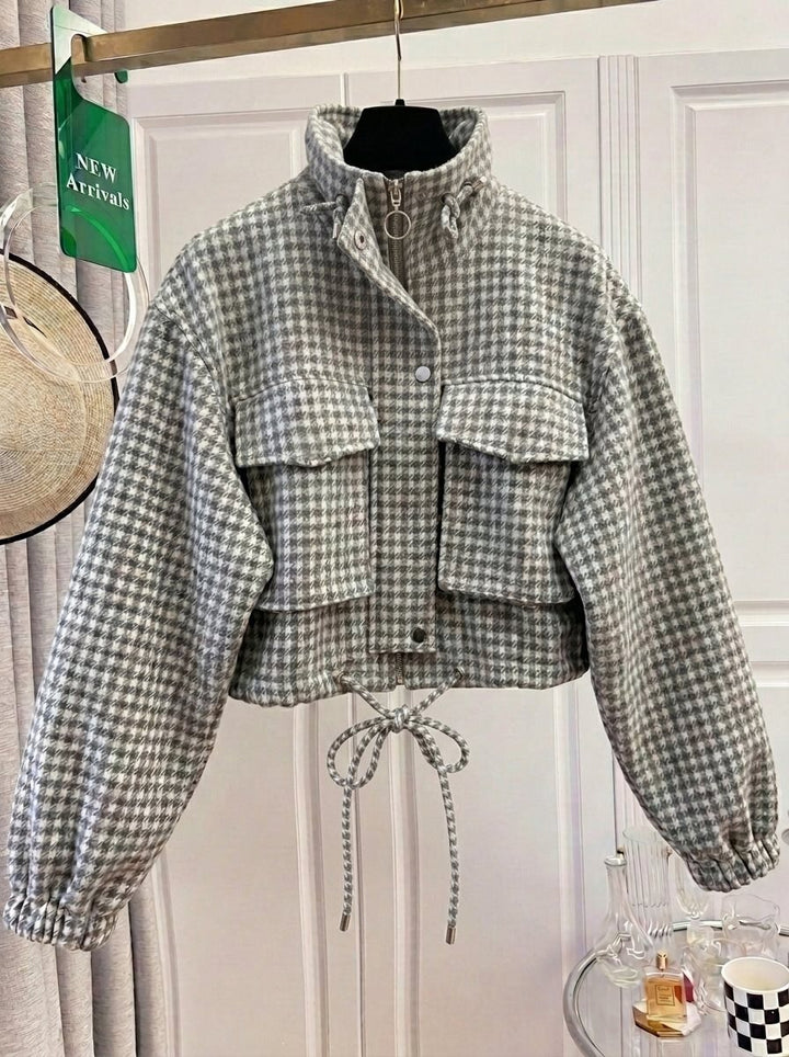 Damen Karo-Cropped-Jacke mit Stehkragen, Tunnelzug und elastischen Bündchen Drune