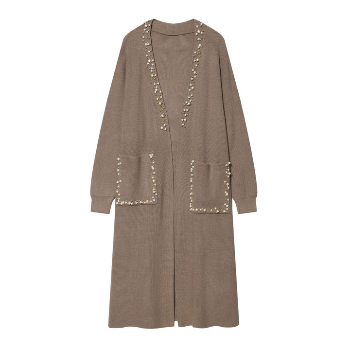Damen langer Strickcardigan mit Perlenbesatz und aufgesetzten Taschen Drune