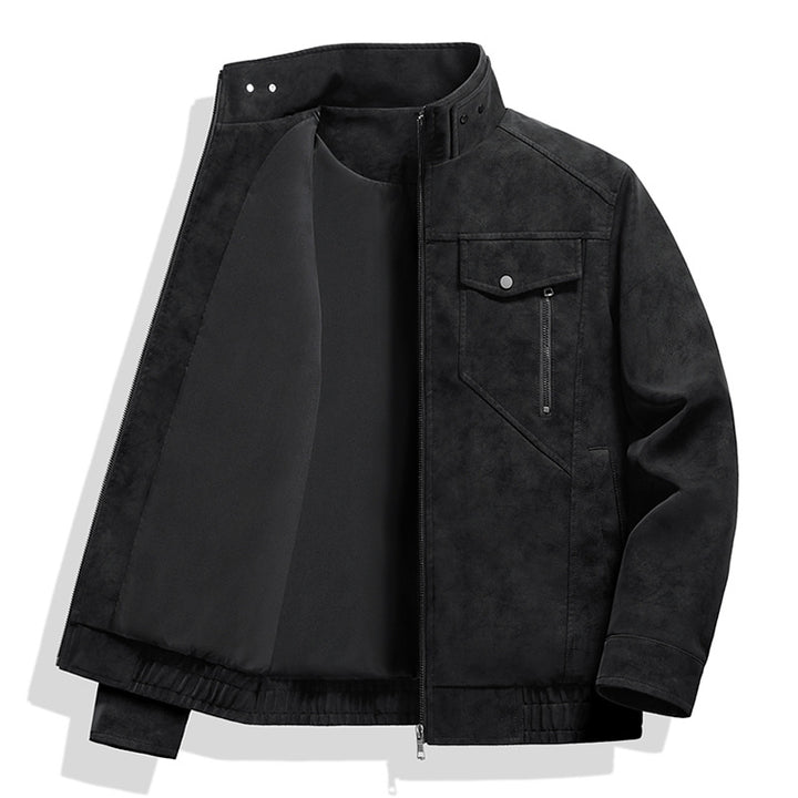 Herren  Faux-Suede Strukturierte Stehkragen-Zip-Jacke mit schrägen Brusttaschen Drune