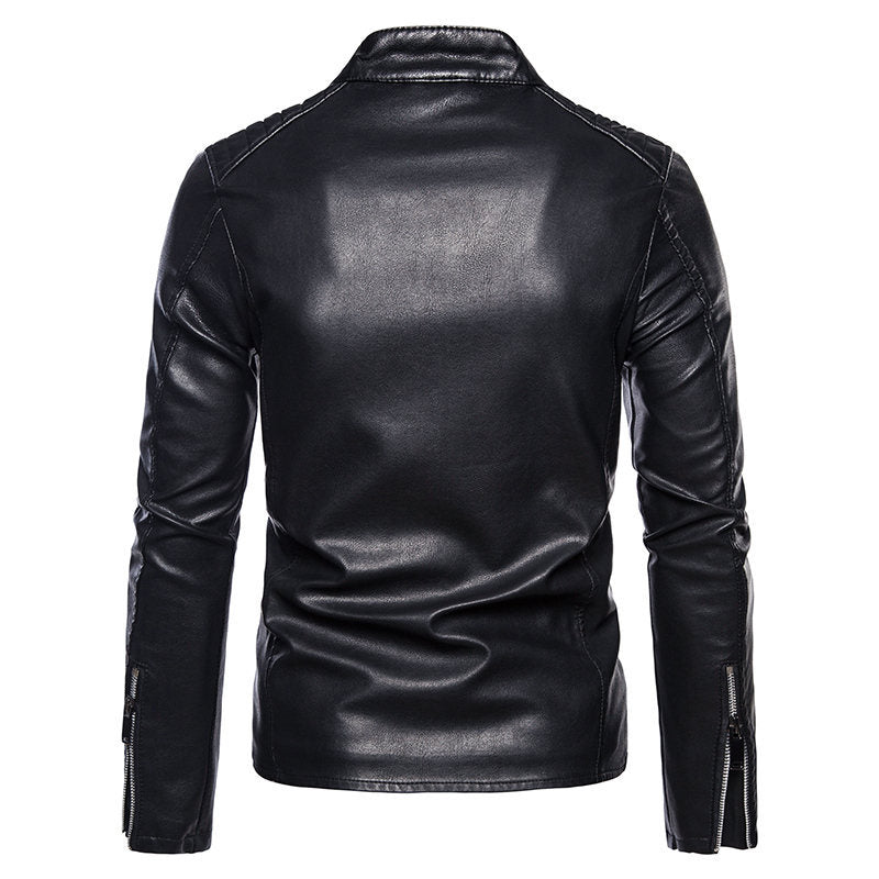 Herren Schlanke Kunstleder-Bikerjacke mit Stehkragen, Steppeinsätzen und Reißverschlusstaschen Drune