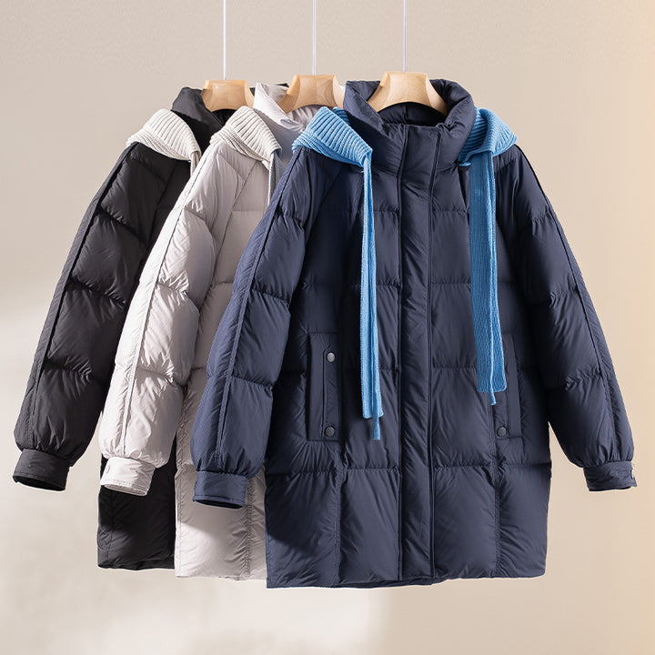 Damen wattierte Steppjacke mit Kapuze Rippkragen weitem Schnitt und Midilänge Drune