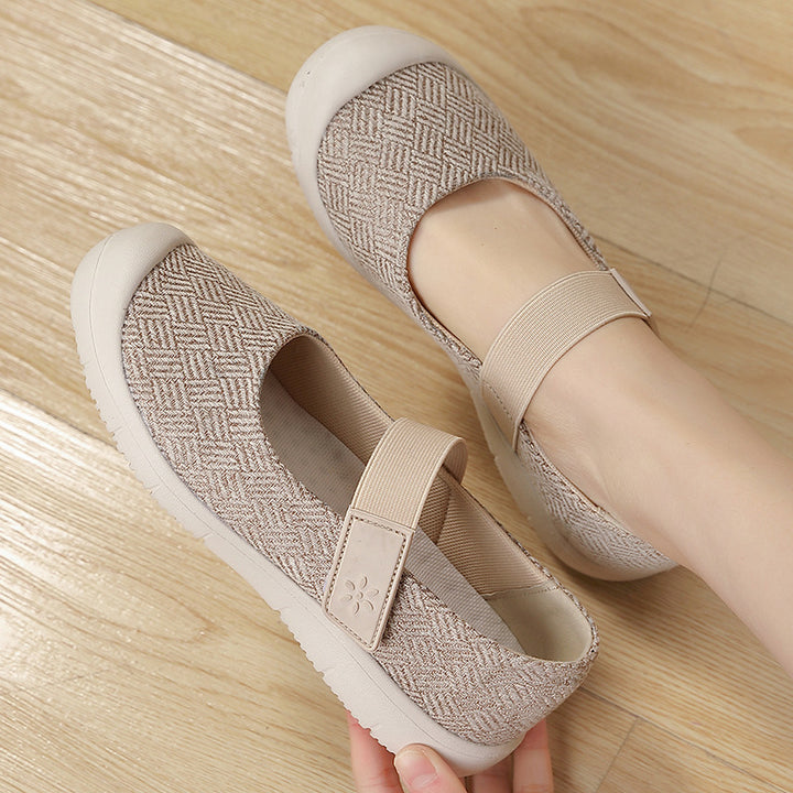 Damen nan komfortabler Strick-Riemchen-Ballerina mit verstellbarem Klettverschluss und flexibler Gummilaufsohle Drune