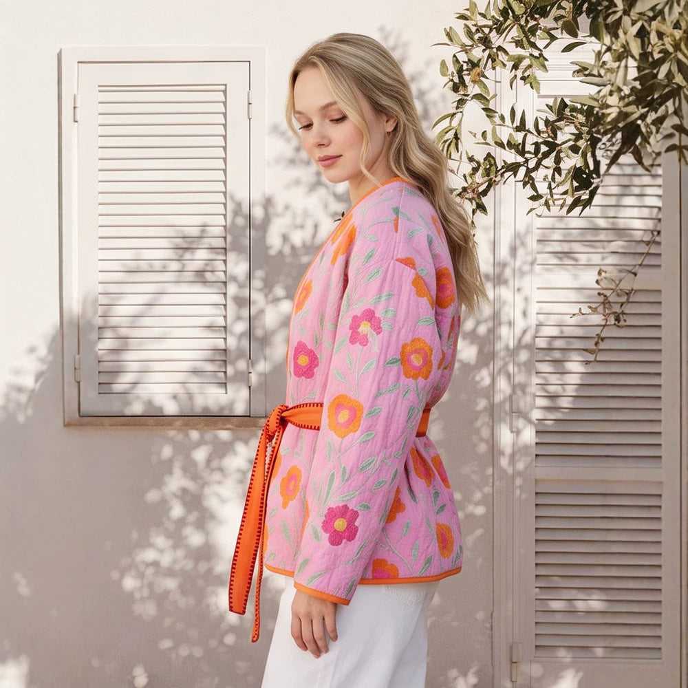 Damen Gestepptes Blumen-Kimono mit Bindegürtel Drune