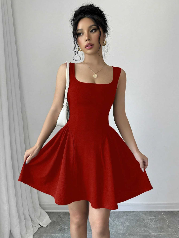 Damen A-Linien Kleid mit Quadrat-Ausschnitt und fließendem Rock Drune