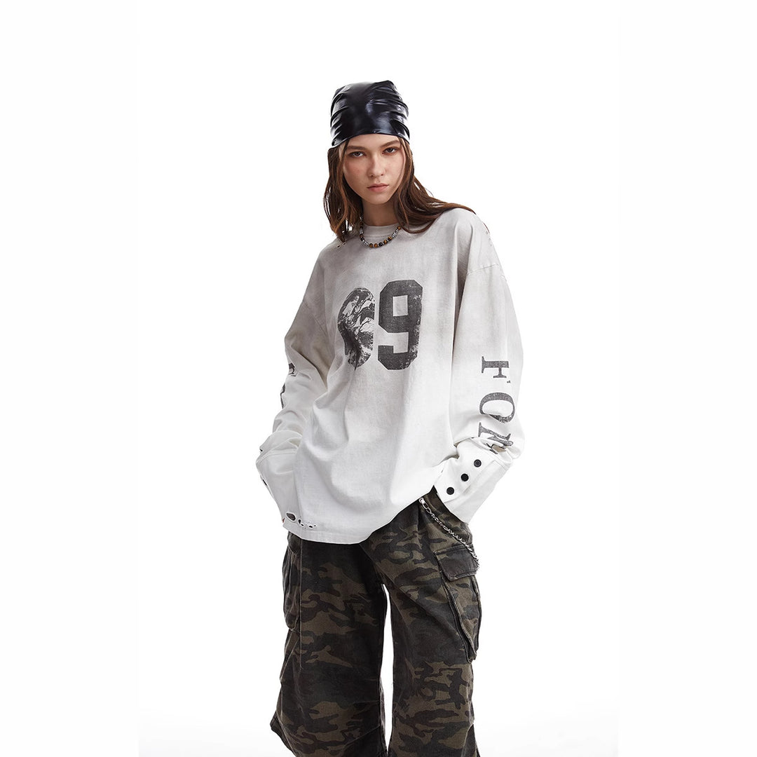 Herren Oversize-Longsleeve-Sweatshirt mit Print, verlängerten Manschetten und Used-Details Drune